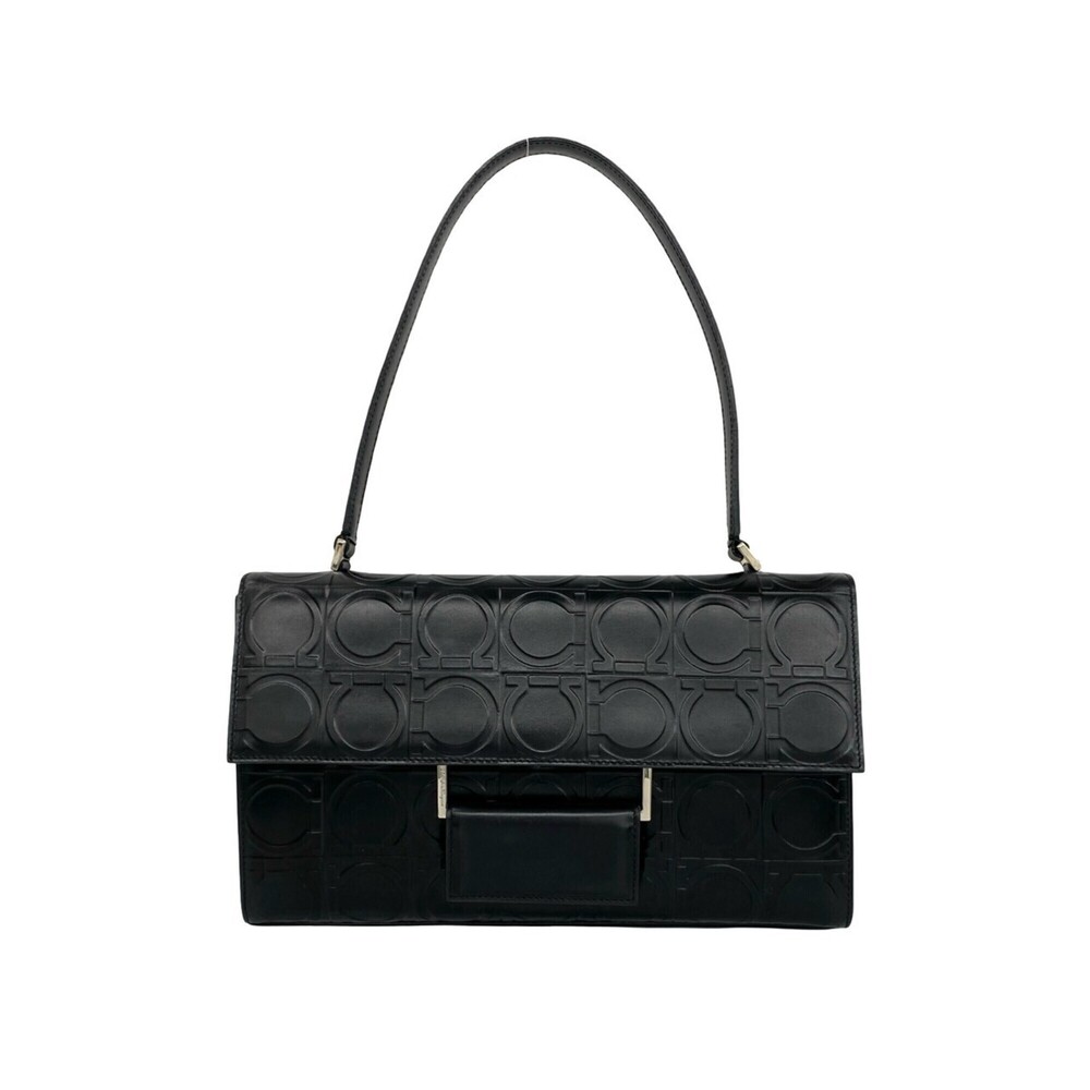 Salvatore Ferragamo Gancini Embossed Leather Semi-Shoulder Bag/Handbag, Black...